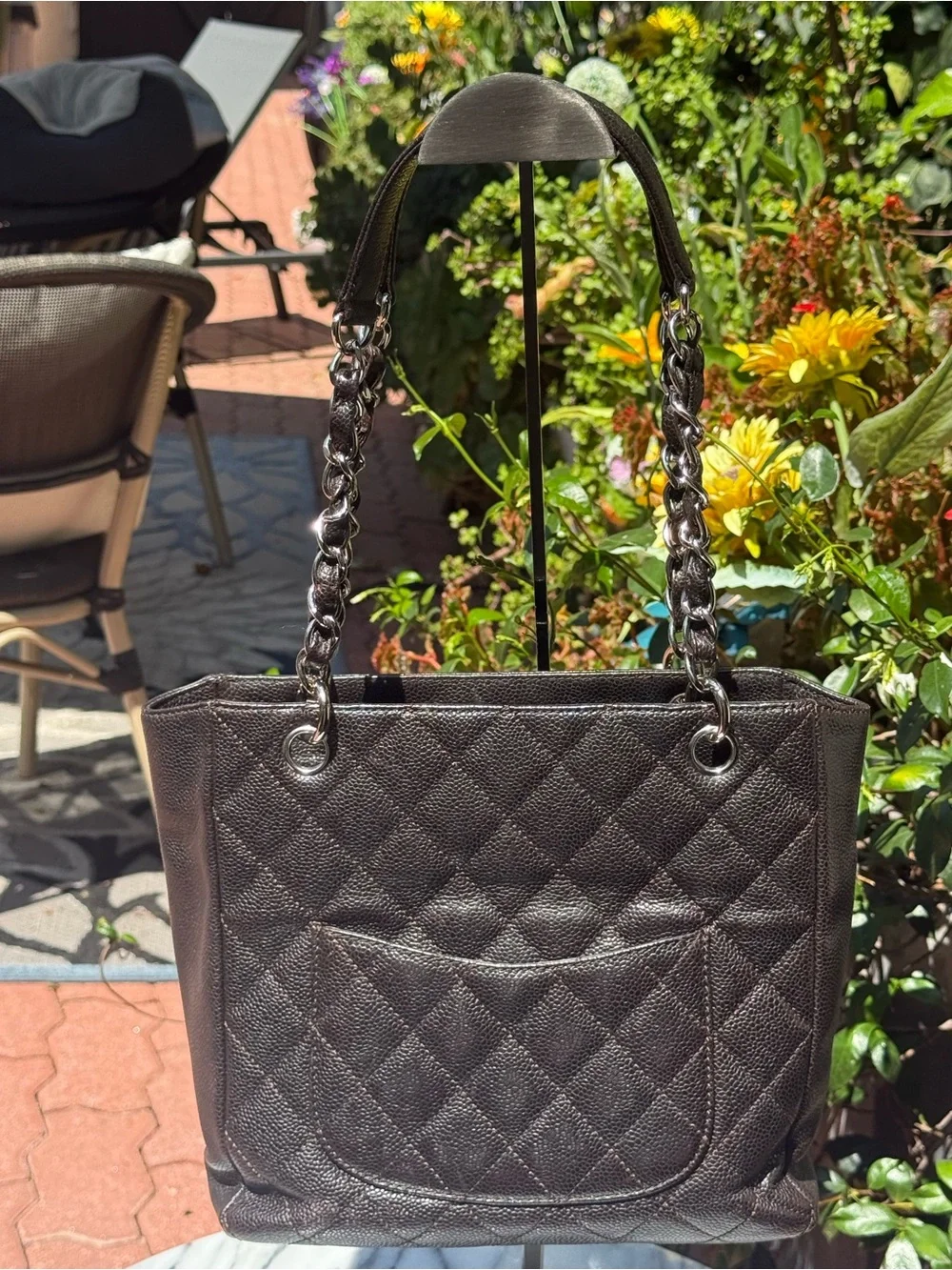 Chanel Vintage Espresso Brown Caviar Leather Quilted Petite Shopping Tote W/ CC